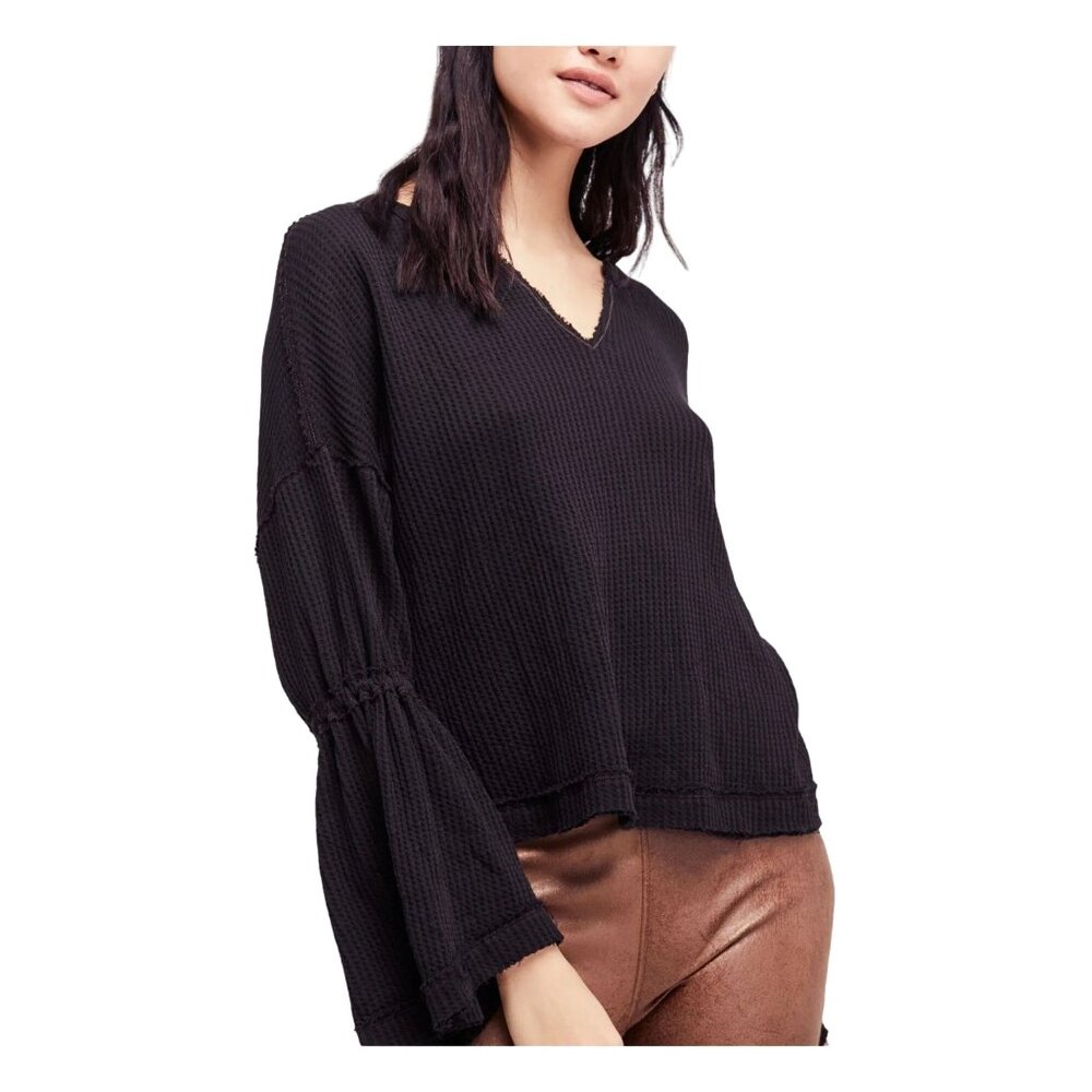Free People x We The Free Blue Waffle Knit Bell Sleeve Relaxed Fit Top - Picture 16 of 16